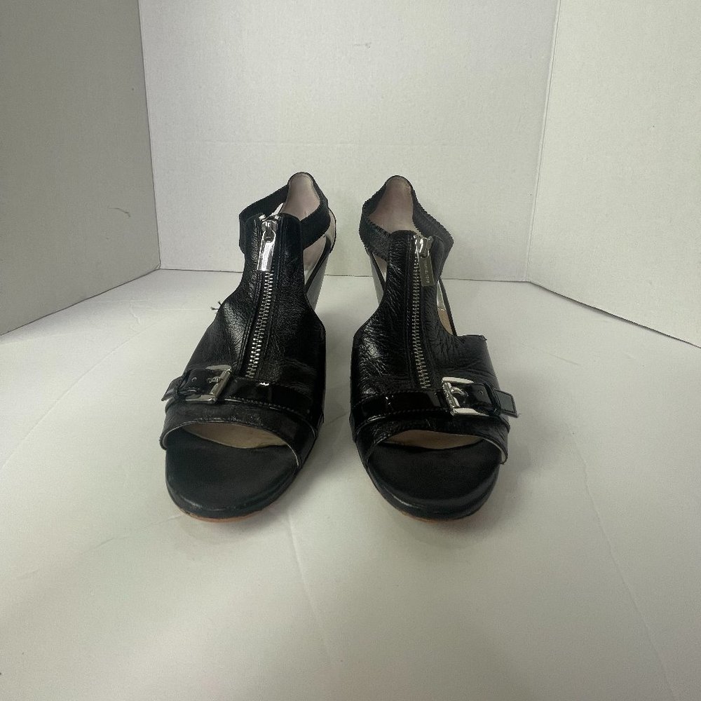 Michael Kors Women's Black Leather Buckle Open Toe Wedge Sandals Size 10M